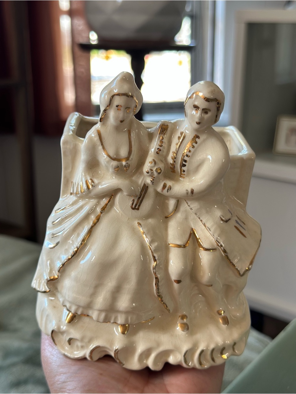 Vintage Ceramic Victorian-Couple Planter with Gold Accents